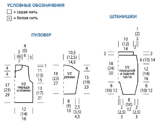 Вязание спицами. Выкройка детского пуловера и штанишек. Размеры: 56-62 (68-74) 80-86