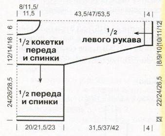 Вязание спицами. Выкройка детского свитера на кокетке для девочки 5-6 (7-8; 9-10) лет