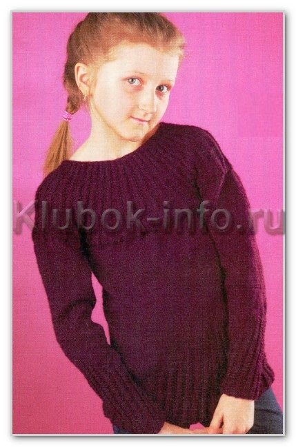 Вязание спицами. Однотонный пуловер с круглой кокеткой в резинку для девочки 10-11 лет