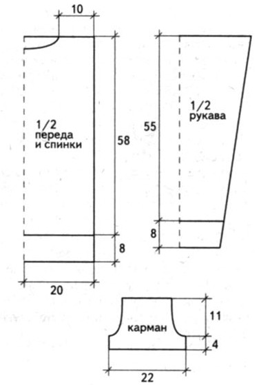 Вязание спицами. Выкройка вязанного пуловера с карманом кенгуру на девочку 13-14 лет