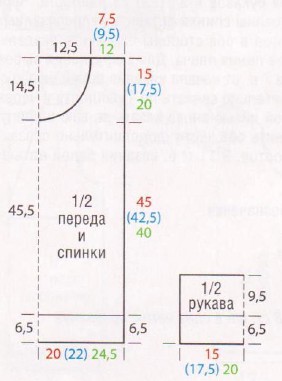 Вязание крючком. Выкройка прямого женского пуловера с короткими рукавами. Размеры: 34 (36/38) 40/42