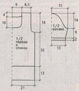Вязание крючком. Выкройка прямого женского пуловера с короткими рукавами и вырезом каре. Размеры: 38