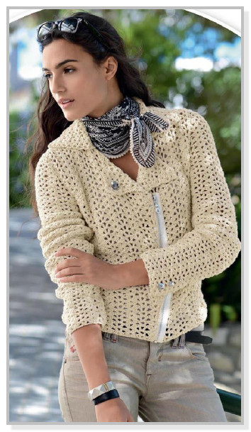 Вязание крючком. Сетчатая куртка-косуха на молнии. Размеры: S/M/L/XL