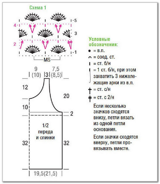 Вязание крючком. Топ с открытой фигурной спинкой. Размеры: 34 (36/38), выкройка
