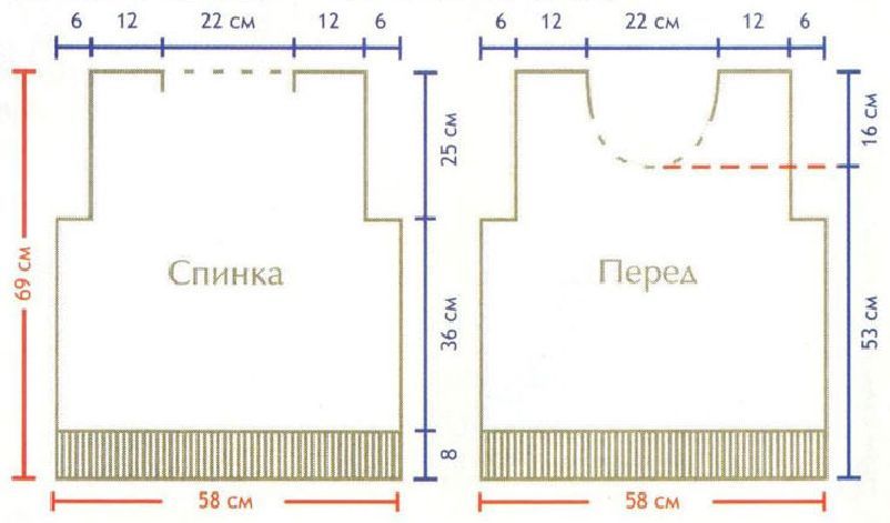 Вязание спицами. Выкройка мужского пуловера с круглым вырезом. Размер 52-54