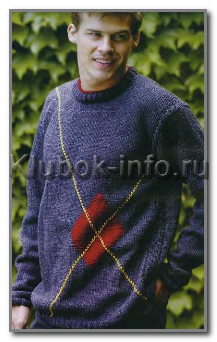 Вязание спицами. Джемпер с одним большим жаккардовым ромбом и жгутами. Размер 52