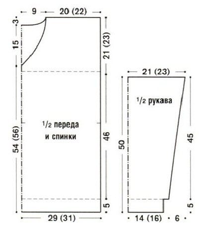Вязание спицами. Выкройка мужского пуловера с V-образным вырезом. Размер 46-48 (50-52)