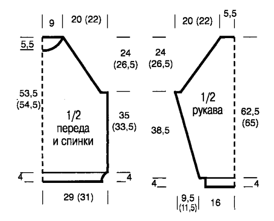 Вязание спицами. Выкройка пуловера с рукавами реглан. Размер 48/50, 52/54