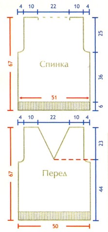 Вязание спицами. Выкройка мужской безрукавки с V-вырезом. Размеры: 42-44