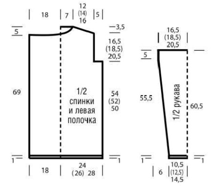 Вязание спицами. Выкройка женского прямого пальто. Размеры: 36/38 (40/42) 44/46