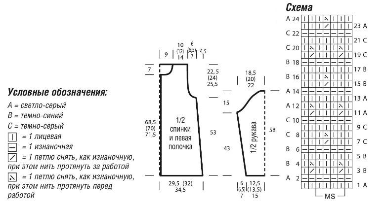 Вязание спицами. Схема трехцветного узора со снятыми петлями и выкройка для женского жакета-пальто. Размеры: 36/38 (40/42)