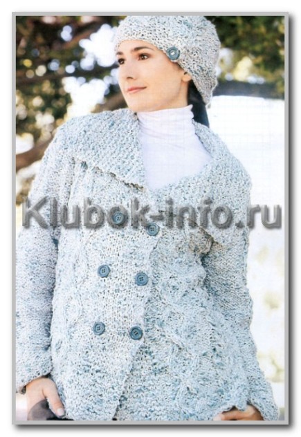 Вязание спицами. Короткое двубортное пальто с косами и ромбами и шапочка. Размеры: 46-48 Вязание спицами. Короткое двубортное пальто с косами и ромбами и шапочка. Размеры: 46-48