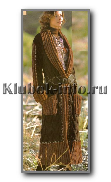 Вязание спицами. Длинное пальто с узором из кос и шалевым воротником. Размер 42-46