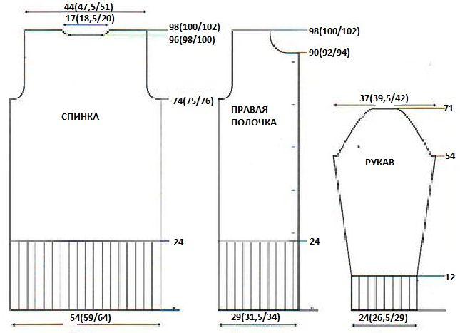 Вязание спицами. Выкройка женского прямого пальто с 2 воротниками и с застежкой на пуговицы. Размер 38-42 (44-48; 50-52)