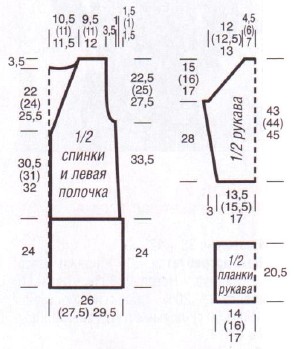 Вязание спицами. Выкройка женского прямого пальто. Размеры: 36/38 (40/42) 44/46