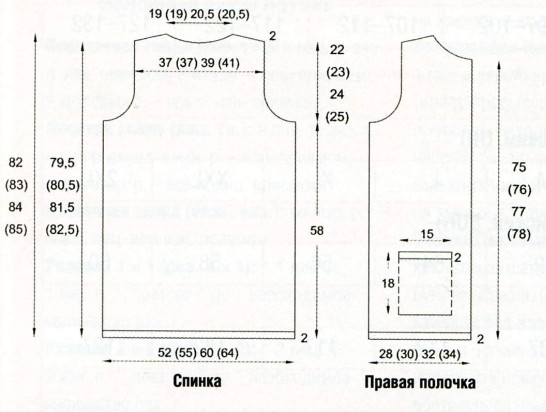 Вязание спицами. Выкройка женского прямого пальто с капюшоном. Размеры: 34-36 (38-40; 42-44; 46-48)