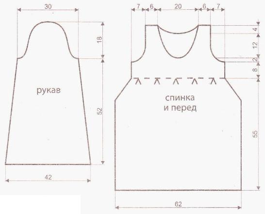 Вязание спицами. Выкройка женского платья с длинными рукавами в стиле ампир. Размеры: 46