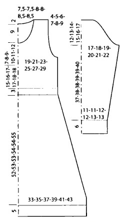 Вязание спицами. Выкройка женского платья. Размеры: 36(38)40(42)44(46)