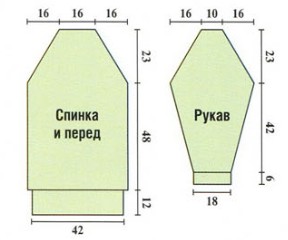 Вязание спицами. Выкройка туники с длинными рукавами-реглан и с рельефными косами. Размеры: 46