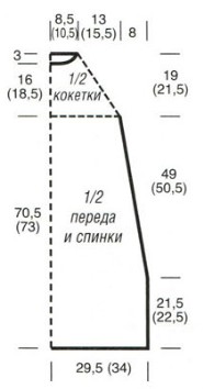 Вязание спицами. Выкройка платья-реглан на кокетке в резинку, с рукавами 3/4. Размеры: 36/38 (44/46) Вязание спицами. Выкройка платья-реглан на кокетке в резинку, с рукавами 3/4. Размеры: 36/38 (44/46)
