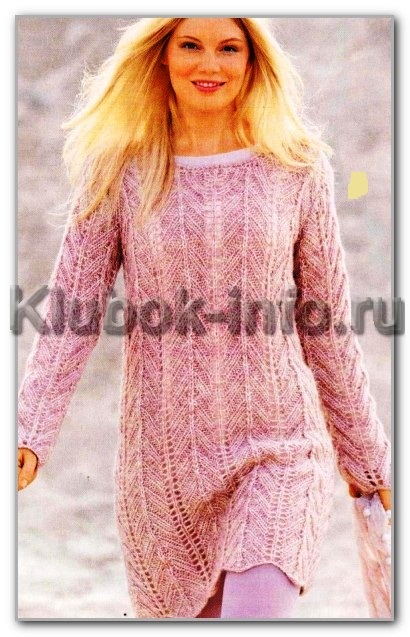 Вязание спицами. Однотонный пуловер-туника с круглым вырезом, и с ажурными зигзагами. Размеры: 38/40 (46/48)