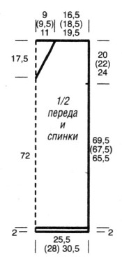 Вязание спицами. Выкройка летнего прямого женского мини-платья с V-вырезом. Размеры: 38/40 (42/44) 46/48