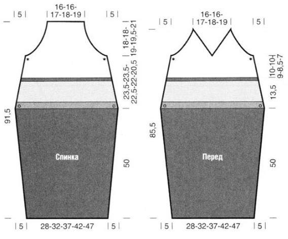 Вязание спицами. Выкройка летнего молодежного сарафана. Размеры: XS (S; M; L; XL)