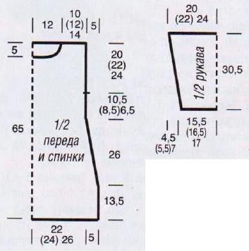 Вязание спицами. Выкройка женской туники-пуловера. Размеры: 38/40 (42/44) 46/48