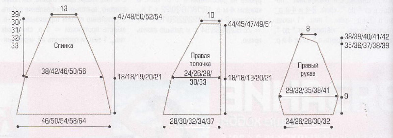 Вязание спицами. Выкройка короткого женского жакета-реглан с V-вырезом и свободными рукавами. Размер: 34/36, 38/40, 42/44, 46/48, 50/52