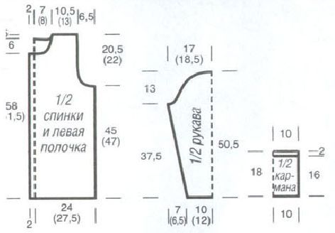 Вязание спицами. Выкройка женского жакета с накладными карманами. Размеры: 36/38, 42/44