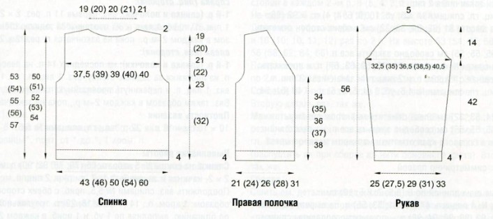 Вязание спицами. Выкройка укороченного женского жакета. Размеры: 34-36 (38-40; 42-44; 46-48; 50-52)