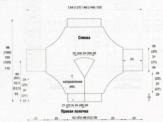 Вязание спицами. Выкройка короткого цельновязанного женского жакета с большими манжетами. Размеры: 34-36 (38-40; 42-44; 46-48; 50-52)