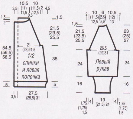Вязание спицами. Выкройка удлиненного женского жакета-реглан. Размеры: 36/38 (40/42) 44/46