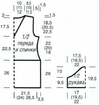 Вязание спицами. Выкройка удлинного пуловера с короткими рукавами и с V-образным вырезом. Размеры: 38/40 (42/44) 46/48