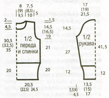 Вязание спицами. Выкройка женского пуловера. Размеры: 34/36 (38/40) 42/44
