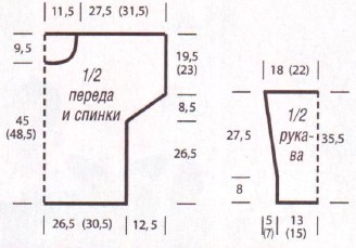 Вязание спицами. Выкройка женского короткого пуловера. Размеры: 38/40 (46/48)