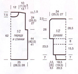 Вязание спицами. Выкройка женского пуловера. Размеры: 38/40 (42) 44/46)