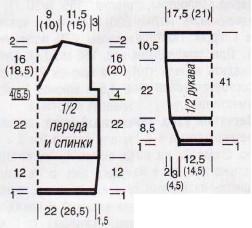 Вязание спицами. Выкройка женского пуловера с V-вырезом. Размеры: 36/38 (44/46)