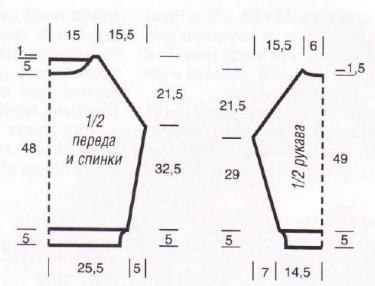 Вязание спицами. Выкройка женского пуловера с рукавами реглан. Размеры: 38-42