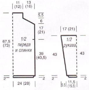Вязание спицами. Выкройка женского пуловера с воротником стойка. Размеры: 36/38 (44/46)