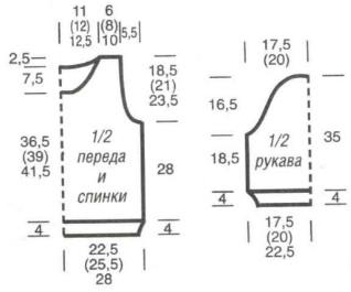 Вязание спицами. Выкройка женского пуловера с рукавами 3/4. Размеры: 36/38 (42) 44/46