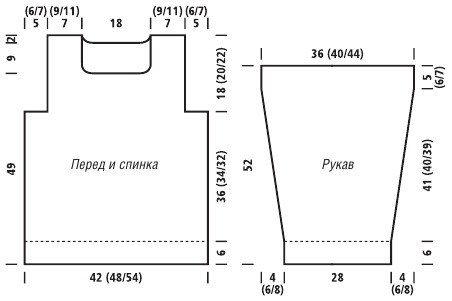 Вязание спицами. Выкройка прямого женского пуловера. Размеры: 38 (42; 46)