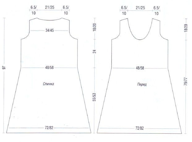 Вязание спицами. Выкройка женского летнего платья. Размеры: 36-40, 42-48