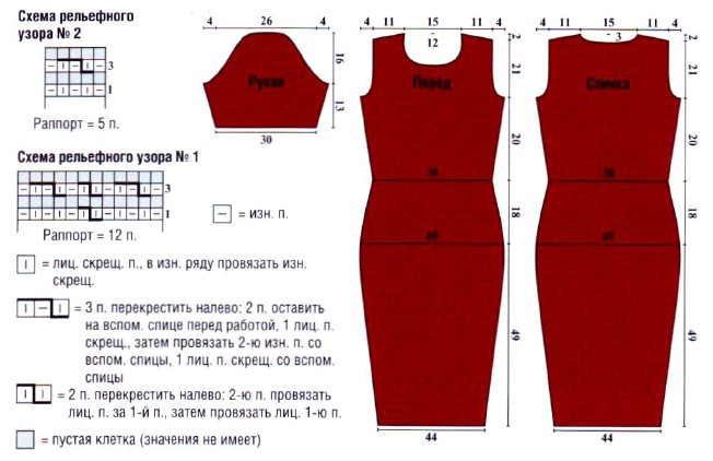 Вязание спицами. Схема рельефных узоров и выкройка приталенного летнего женского платья с короткими рукавами. Размеры: 46/48