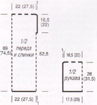 Вязание спицами. Выкройка прямого женского летнего платья с короткими рукавами. Размеры: 36/38 (44/46)
