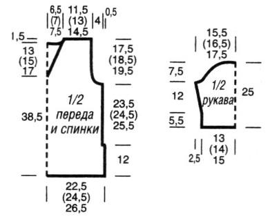 Вязание спицами. Выкройка женского летнего пуловера V-вырезом. Размеры: 34/36 (38/40) 42/44)