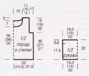 Вязание спицами. Выкройка женского летнего пуловера с рукавами 3/4. Размеры: 34/36 (38/40) 44/46