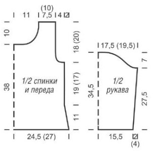 Вязание спицами. Выкройка пуловера с рукавами 3/4. Размеры: 36/38 (40/42)