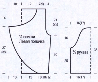 Вязание спицами. Выкройка короткого женского летнего жакета со скошенными полочками. Размеры: 42/44 (46/48)