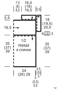 Вязание спицами. Выкройка женского летнего прямого пуловера с кокеткой. Размеры: 38/40 (42/44) 46/48